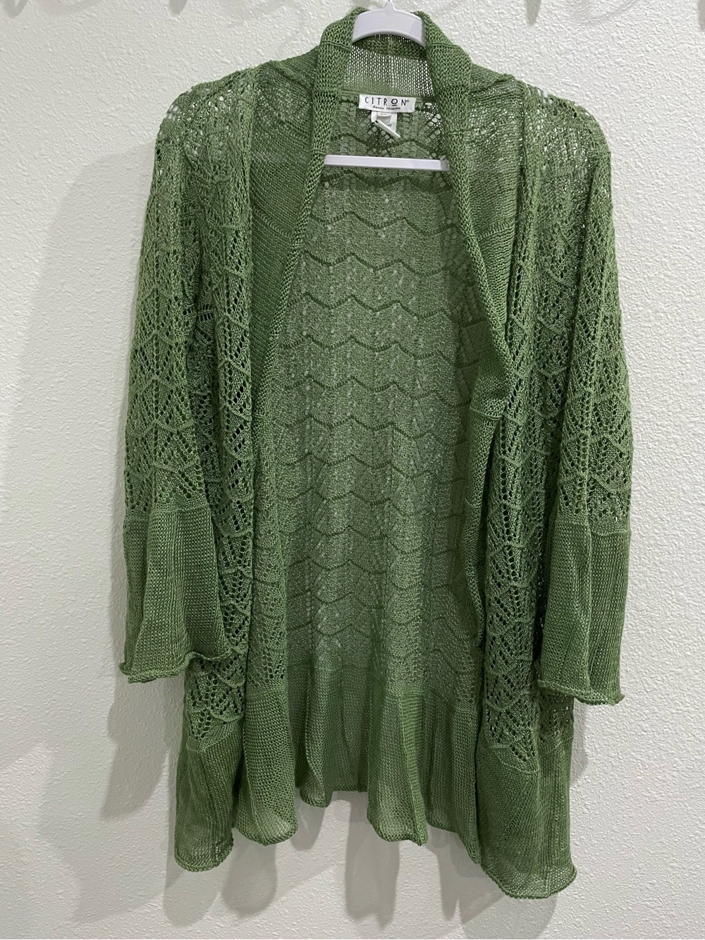 Citron Knit Crochet Boho Cardigan Coastal Green Bell Sleeve Western Lightweight